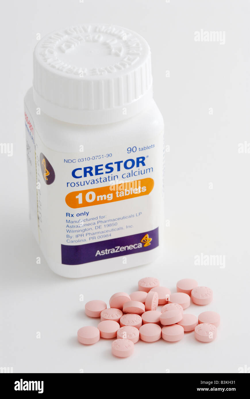 Rosuvastatin brand name Crestor pills The medication is a statin drug for treating people with high cholesterol Stock Photo