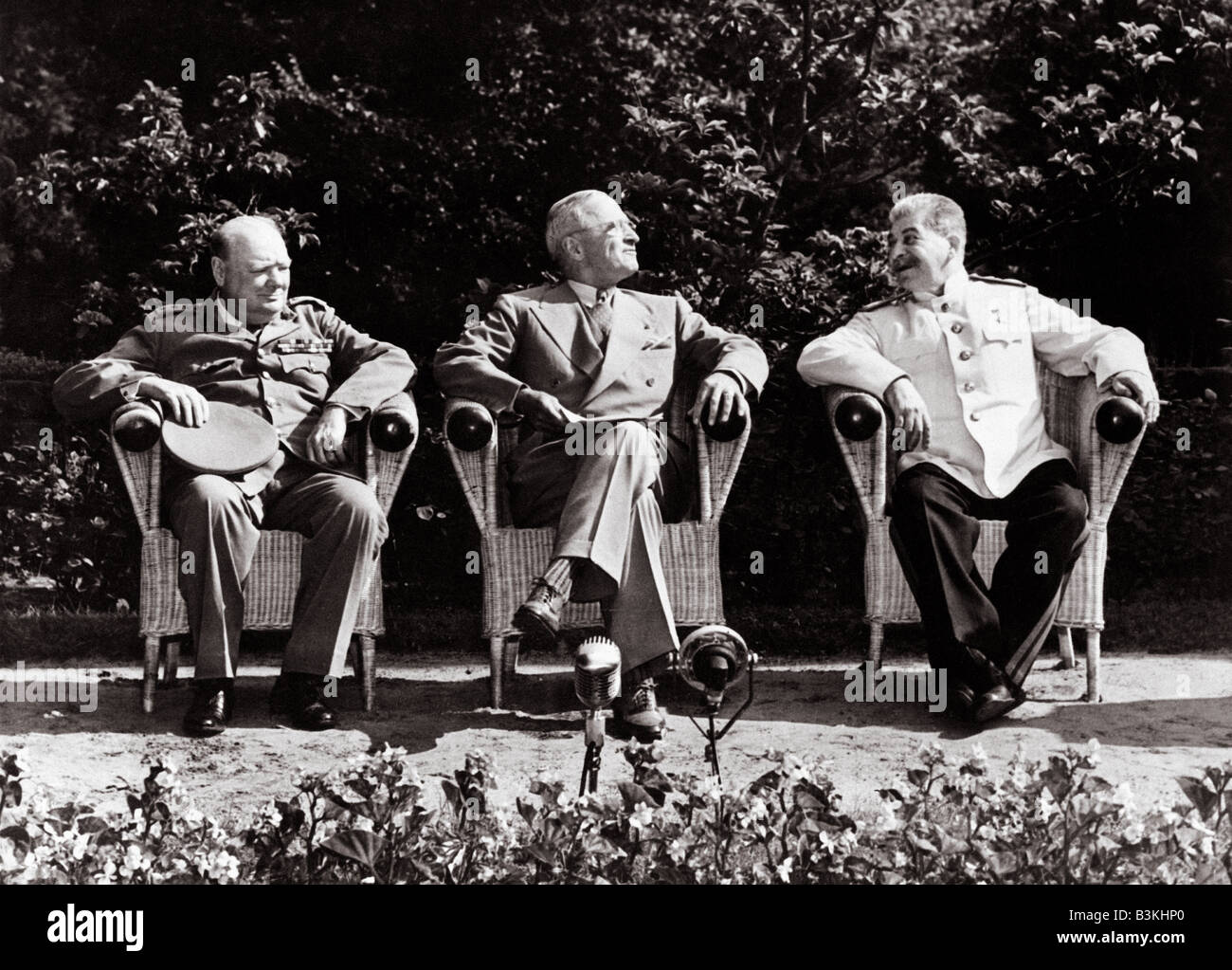 POTSDAM CONFERENCE July 1945 with from left Winston Churchill, Harry Truman and Joseph Stalin Stock Photo