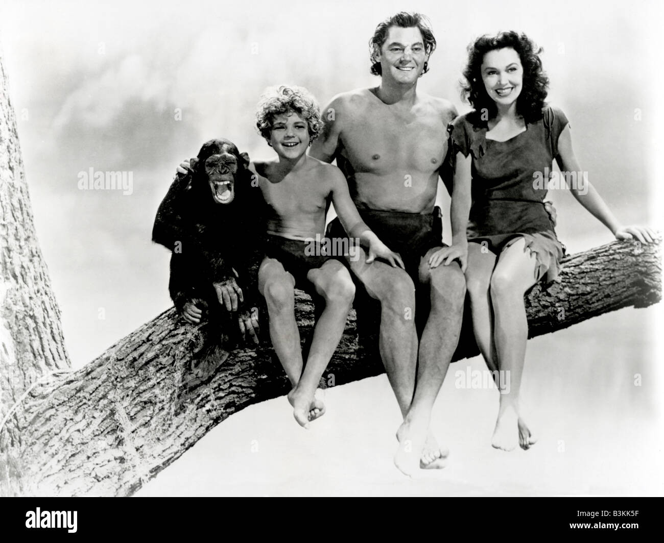 TARZAN  Johnny Weismuller as Tarzan with Maureen O'Sullivan as anew and Johnny Sheffield as Boy Stock Photo