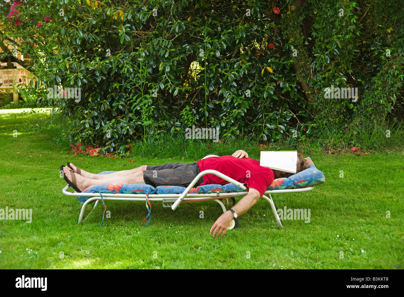 Man with magazine over face relaxing in lounge chair in backyard Stock