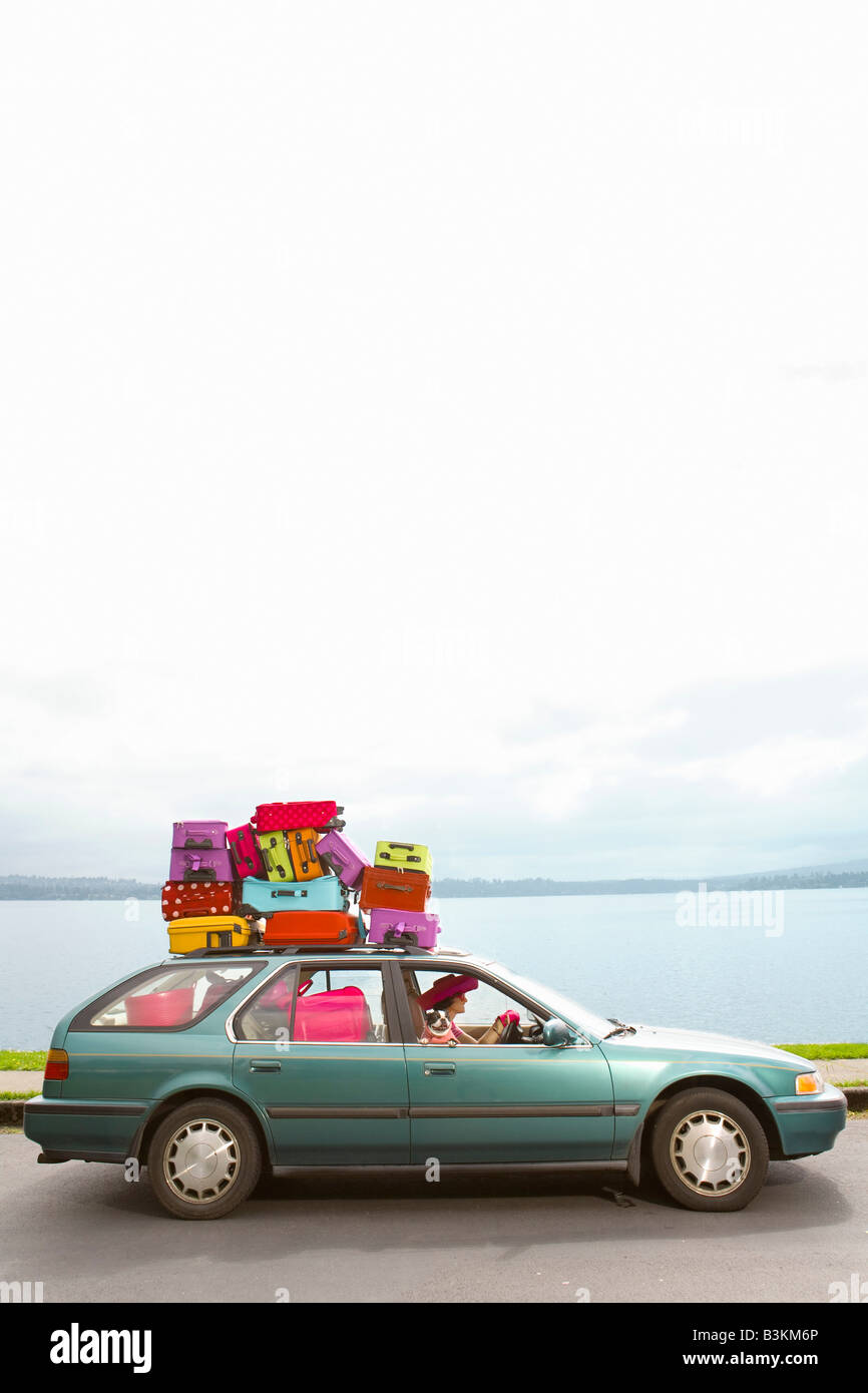 Woman and dog driving car stacked with colorful suitcases Stock Photo -  Alamy