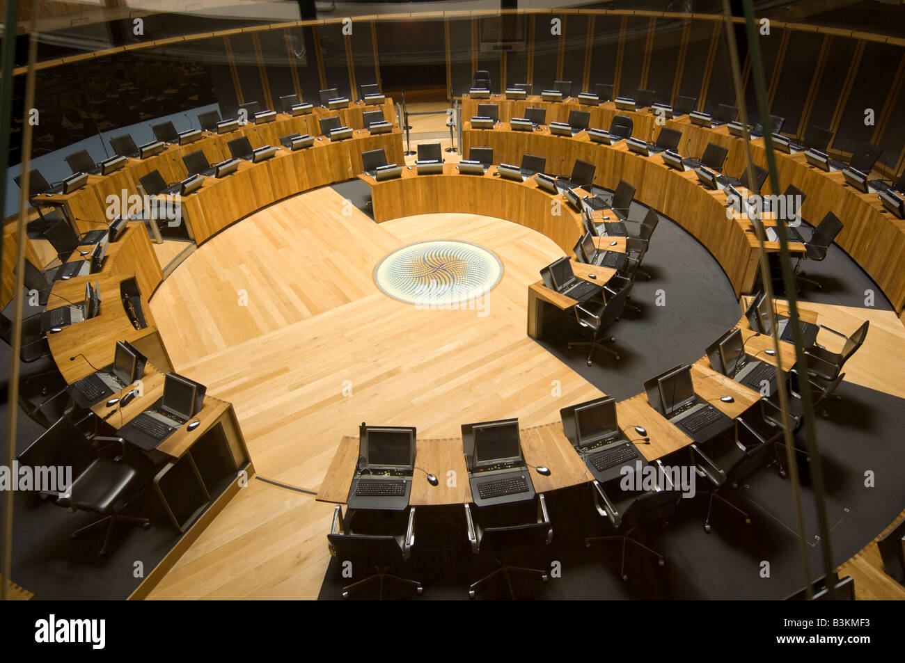 The debating chamber of the National Assembly of Wales government Senedd building Cardiff Bay UK