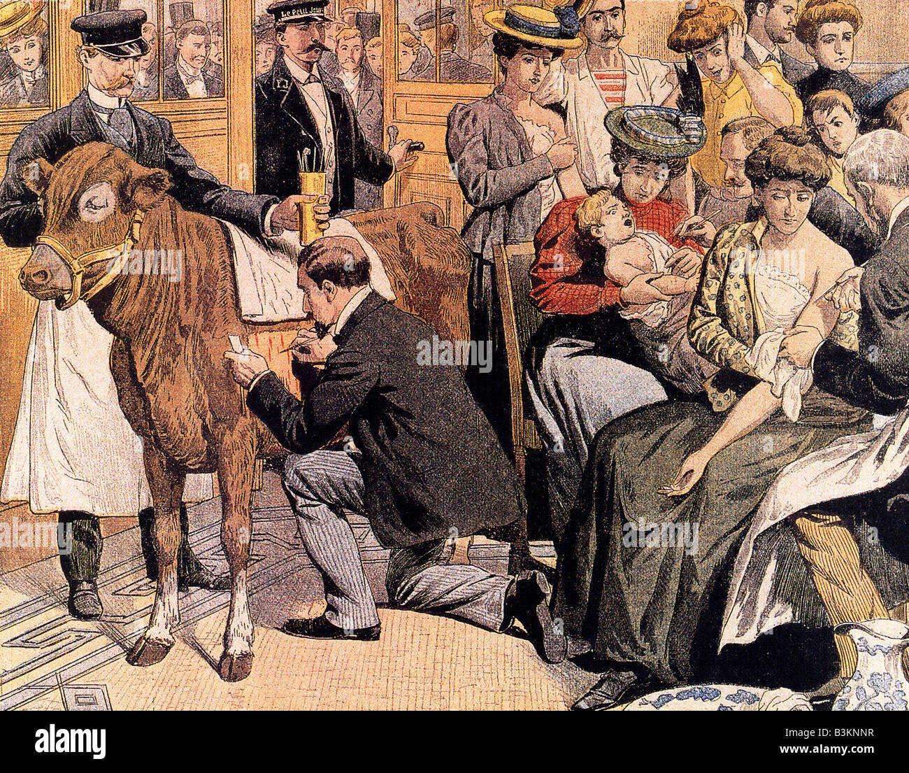 SMALLPOX  1901 drawing from the French weekly magazine Le Petit Journal showing free vaccinations being given in its own offices Stock Photo