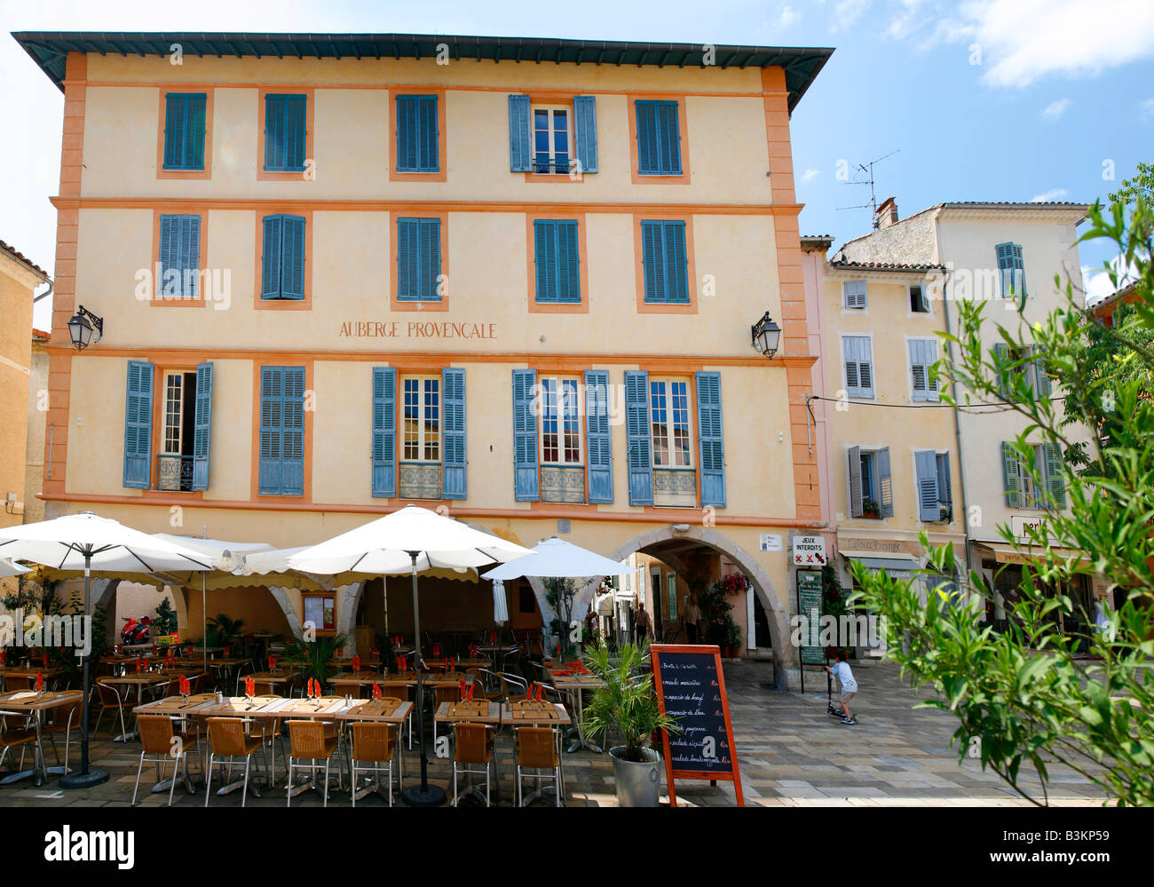 Place des Arcades Valbonne  - the central square of the village. In modern terms that would be called 'downtown' Stock Photo