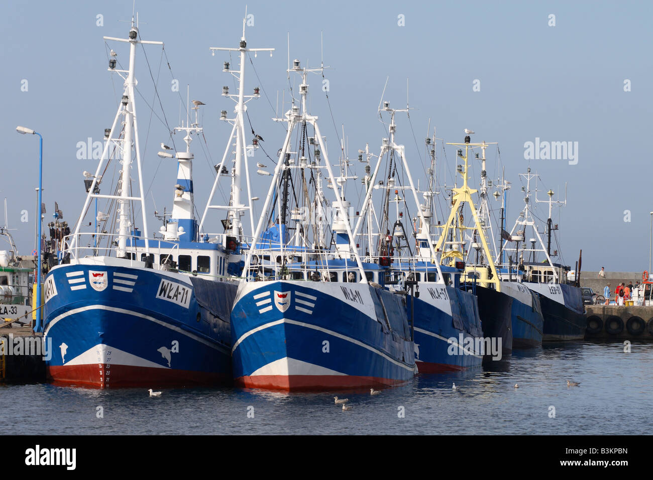Wladyslawowo Poland busy port harbour scene with fishing vessel boats moored at this Baltic Sea town Stock Photo