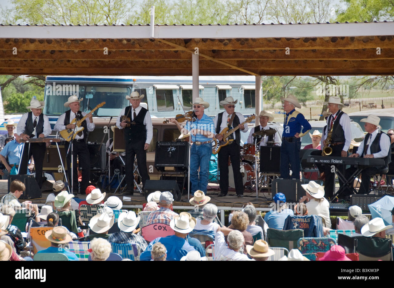 Texas Turkey annual Bob Wills Day celebration Texas Playboys western swing band concert guest appearance by Jody Nix on fiddle Stock Photo