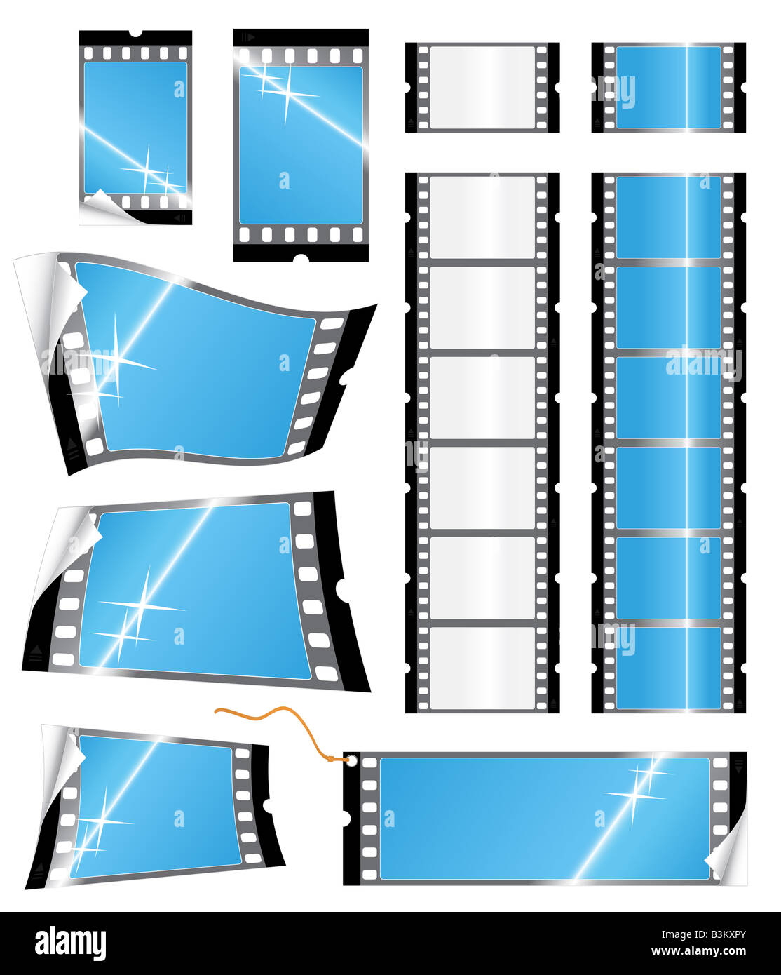 Vector illustration of various glossy stickers and tags or labels in the shape of a film strip Photography concept Stock Photo