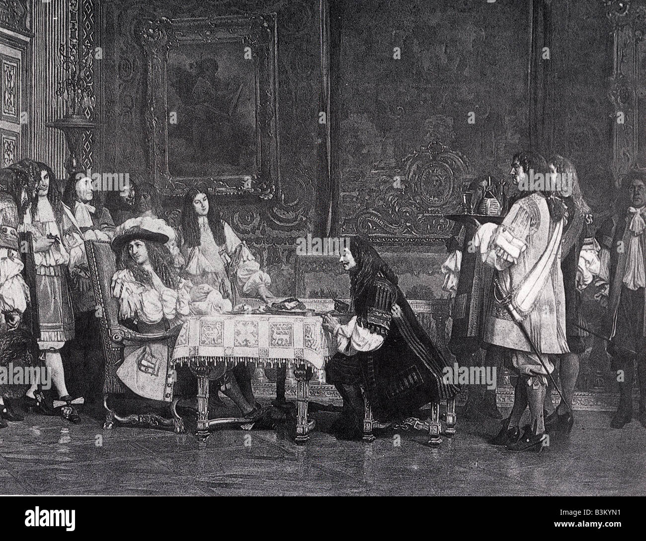 MOLIERE  Contemporary engraving of the French playwright breakfasting with Louis XIV at Versailles Stock Photo