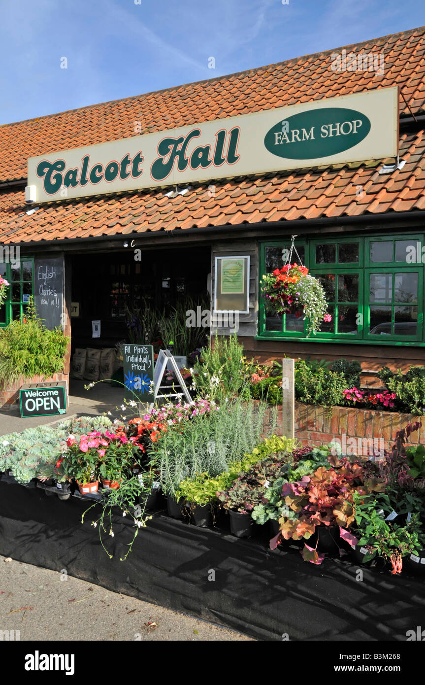 Calcott Hall Farm Shop entrance and selection of garden plants for sale Stock Photo