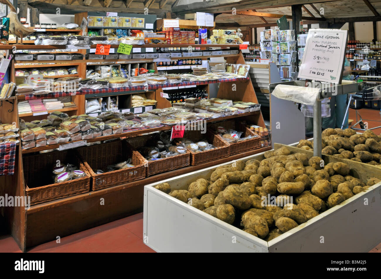 Interior view of property released retail farm shop business produce on display including Pentland Javelin potatoes Brentwood Essex England UK Stock Photo