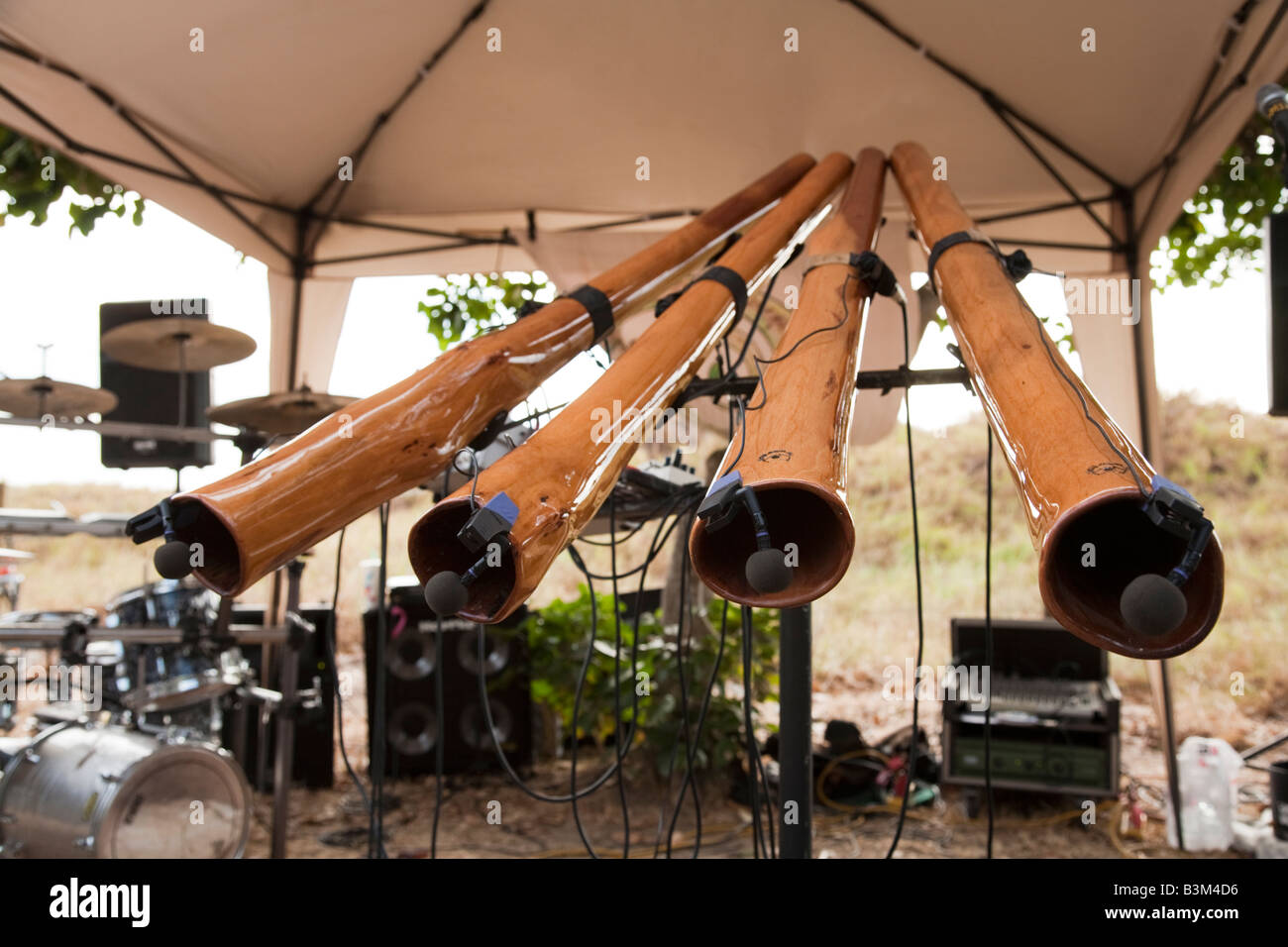 Set of electric didgeridoos at a market event in the Northern Territory