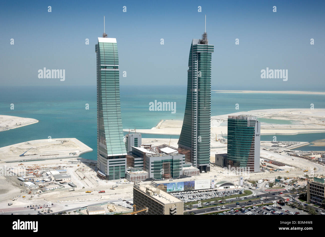 Aerial photo Bahrain Financial Harbour office buildings on reclaimed