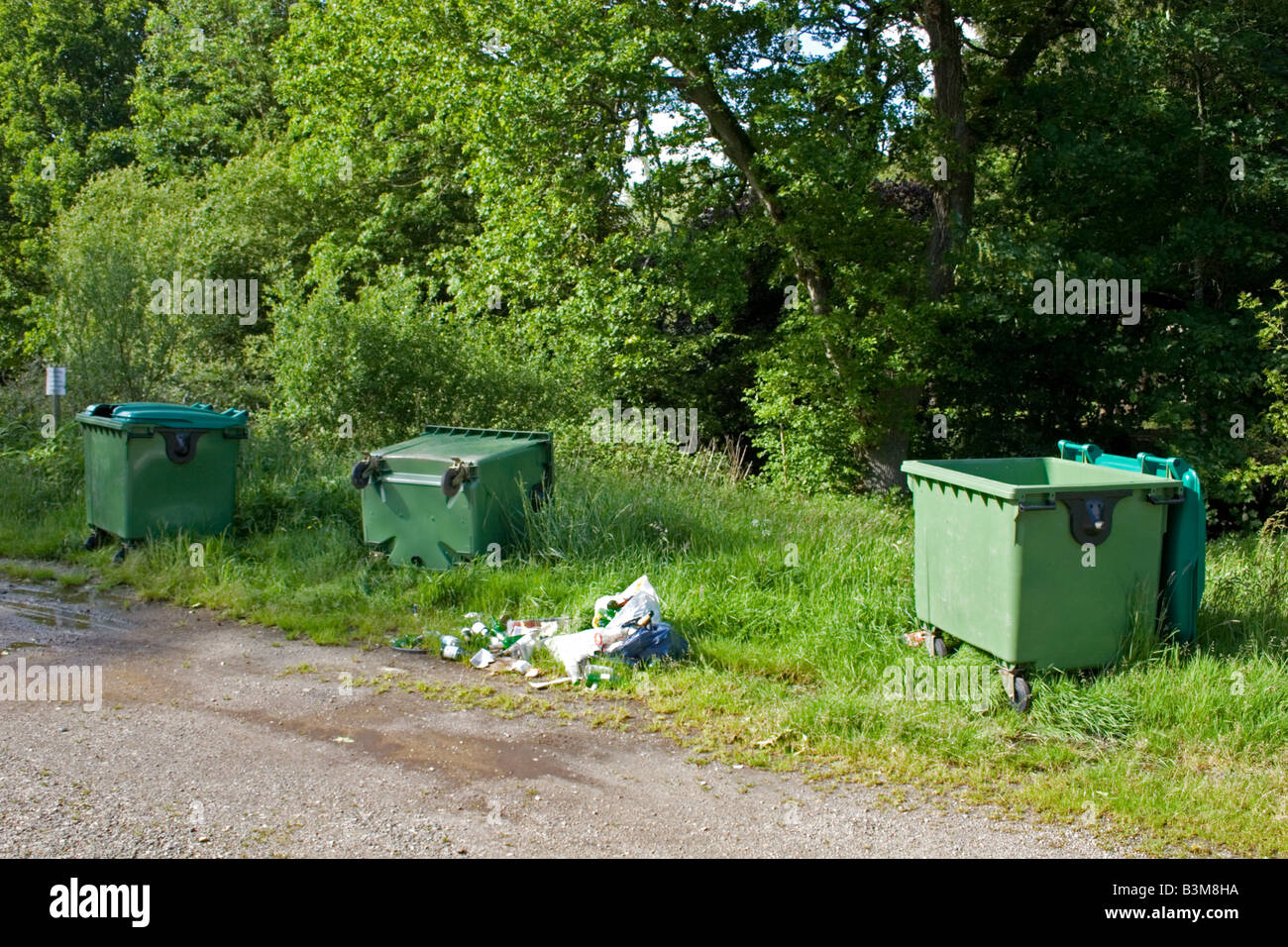 Green rubbish container overturned and litter strewn about Stock Photo Alamy