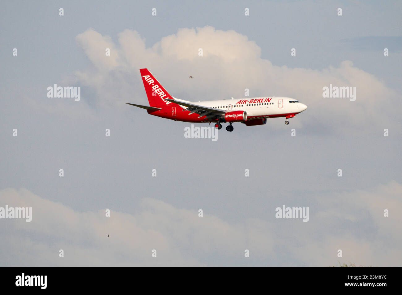 Airbus A319 Air Berlin Aircraft approaching Stansted Airport with birds flying around - bird strike worry Stock Photo