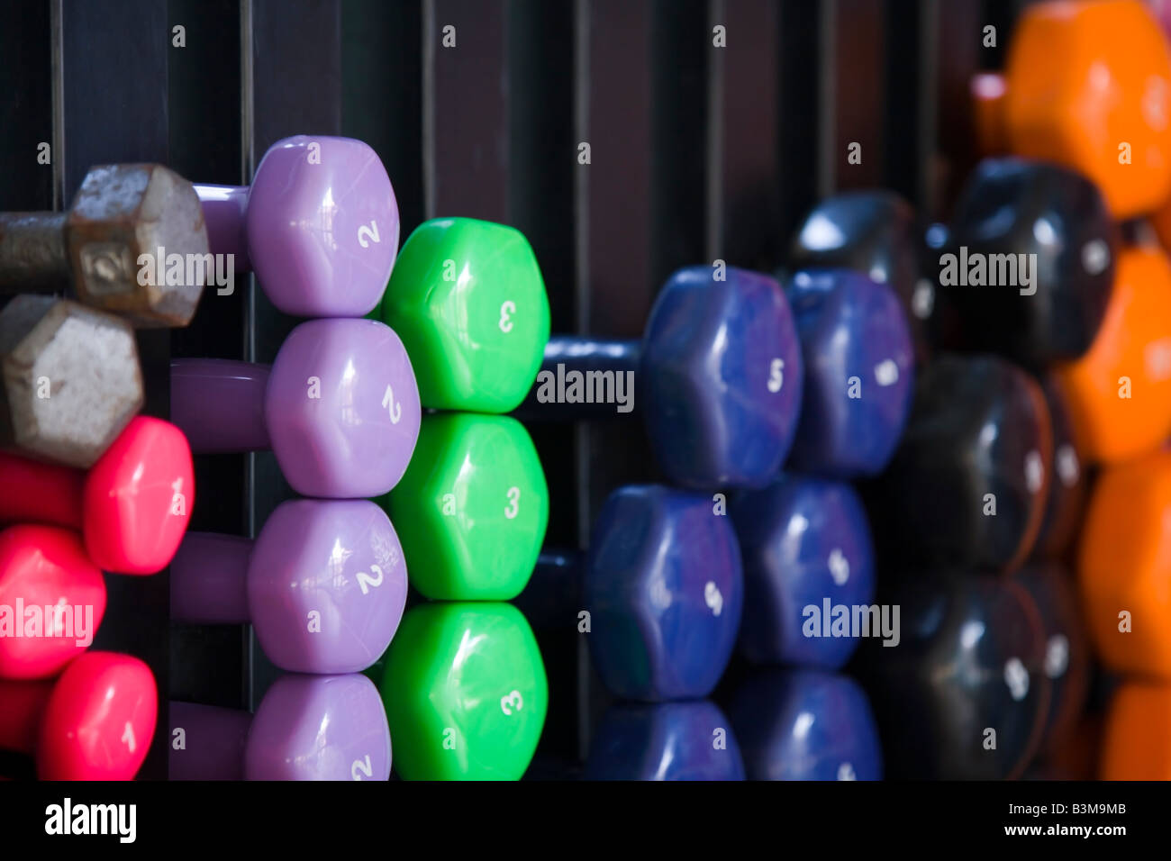 Closeup of multicolored dumbbells on a rack in a fitness studio Stock Photo