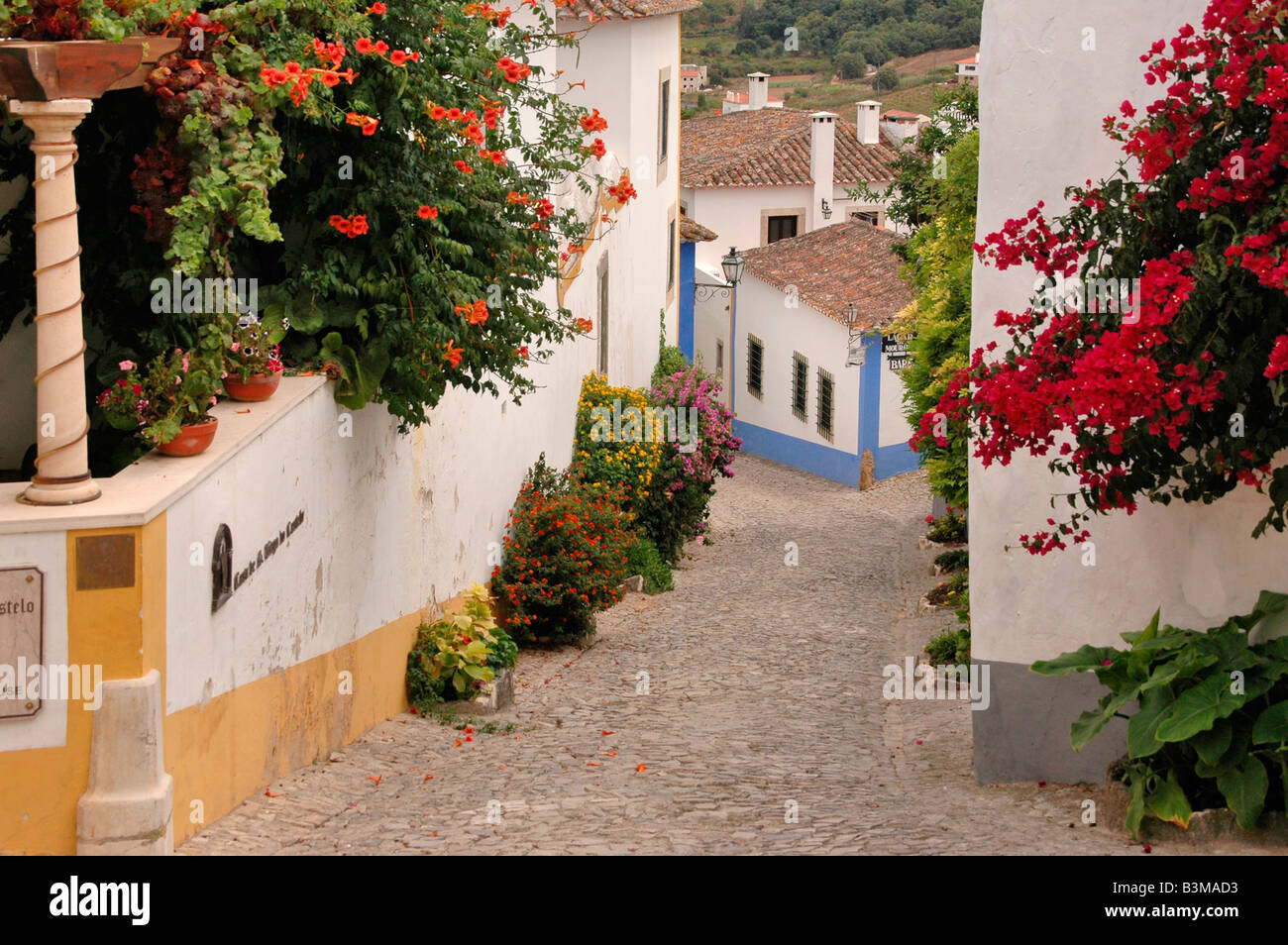 A street scene of flowers and houses within the  preserved mediaevel town of Obidos, Portugal. Stock Photo