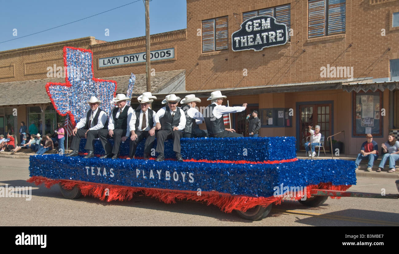 Texas Turkey annual Bob Wills Day celebration downtown parade Texas Playboys western swing band float Stock Photo