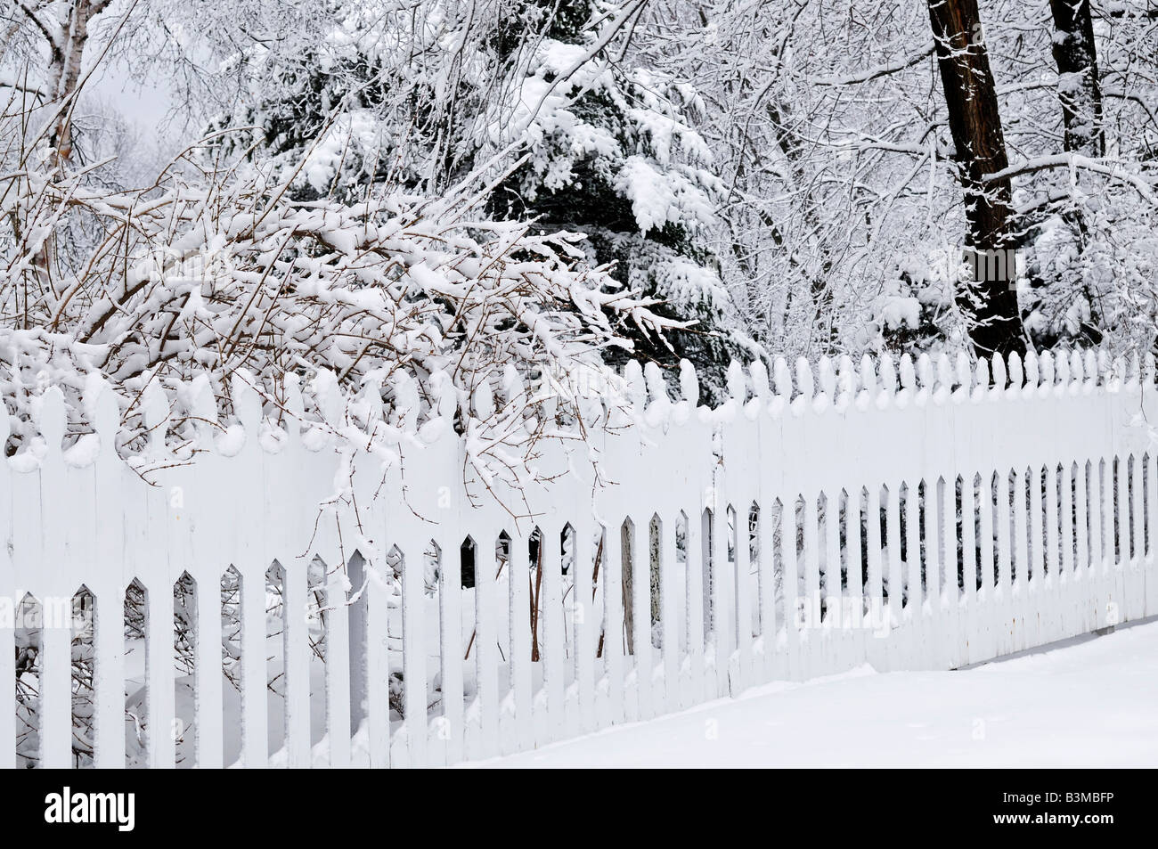 Fence in winter park covered with fresh snow Stock Photo - Alamy