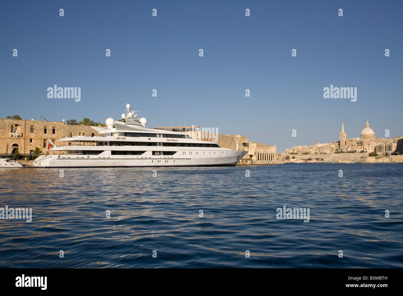 The 95m Oceanco superyacht Indian Empress moored in Marsamxett Harbour, Malta Stock Photo