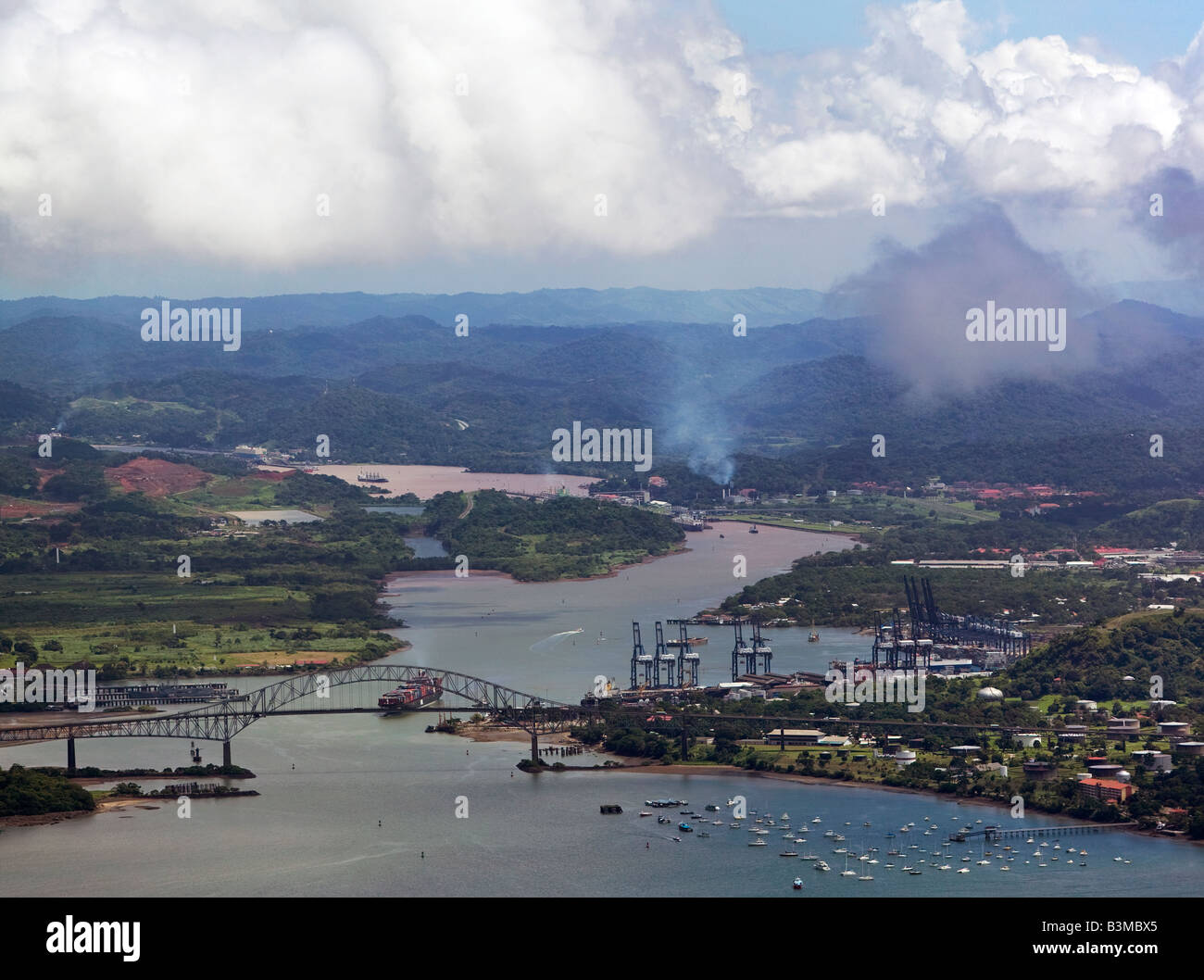 aerial above Panama Canal Pacifc entrance Balboa Port Stock Photo