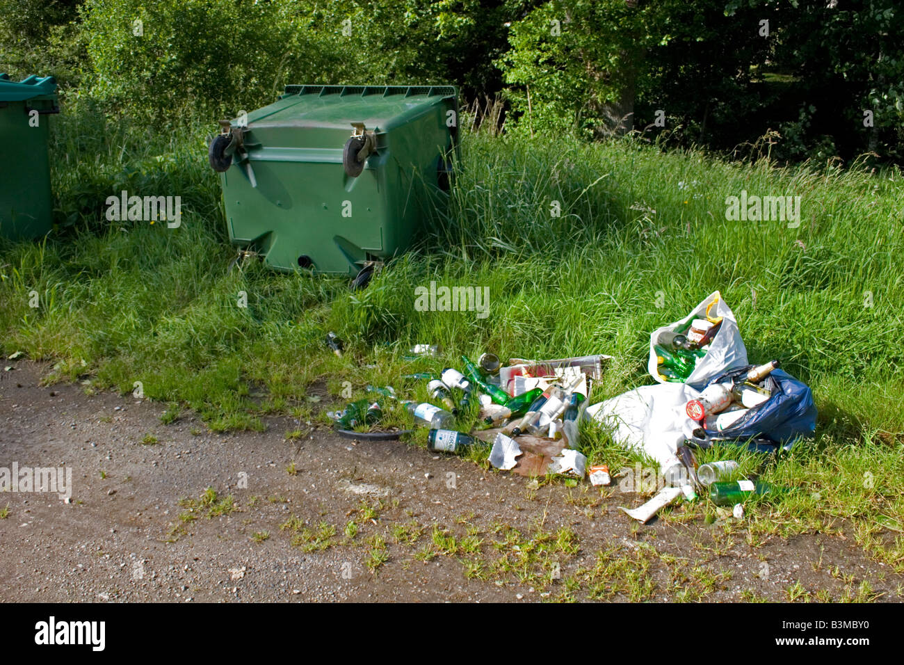 Green rubbish container overturned and litter strewn about Stock Photo