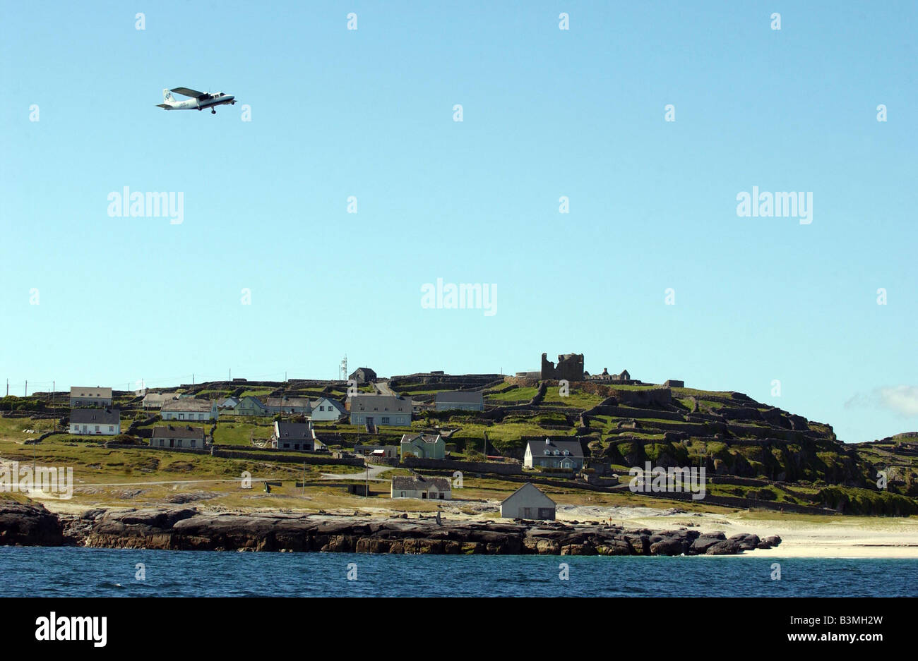 A plane taking off on Inis Oirr Aran Islands Galway Ireland Island Stock Photo