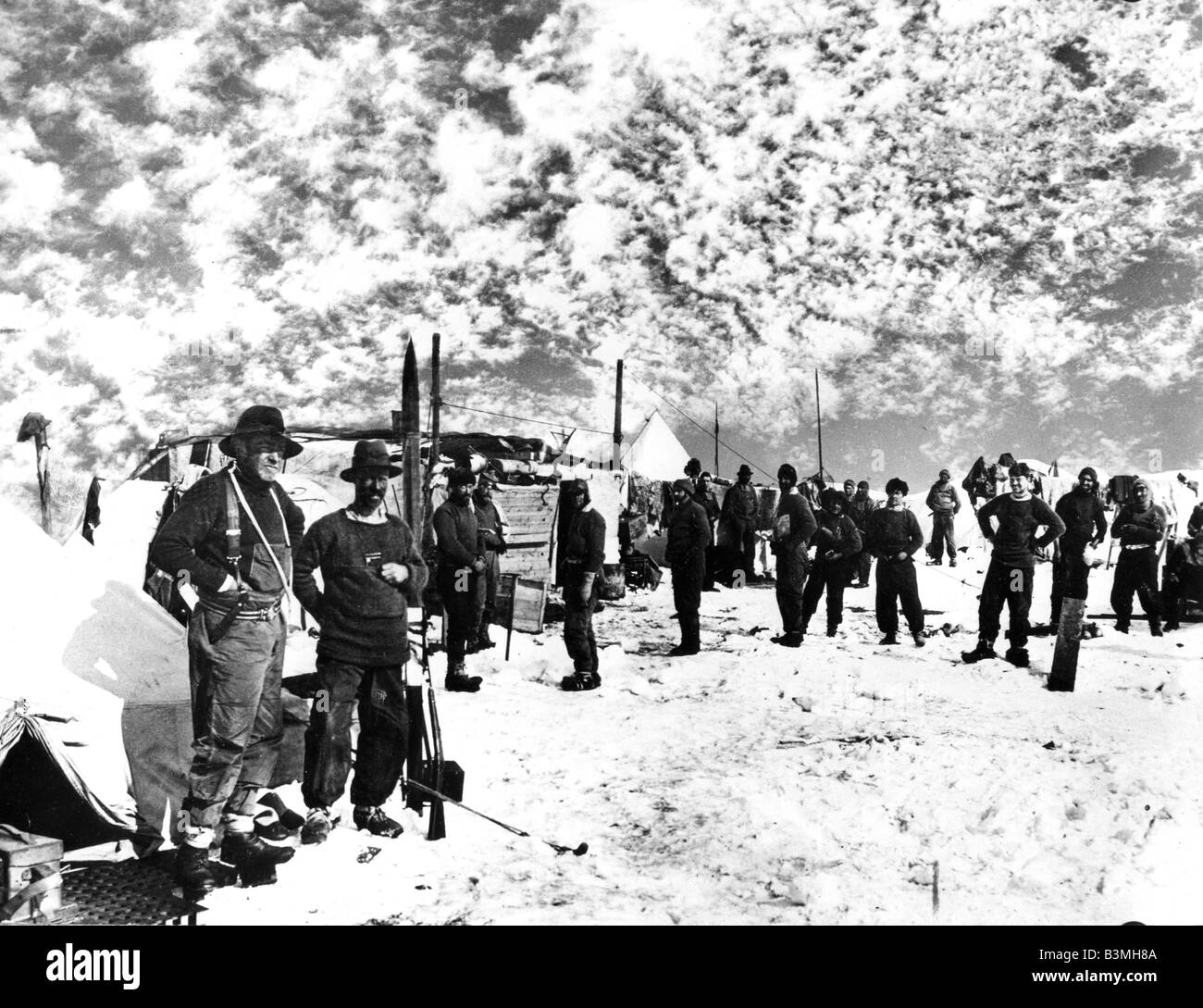 SIR ERNEST SHACKLETON at left with Frank Wild at Ocean Camp in 1915 built with lumber salvaged from their ship The Endurance. Stock Photo