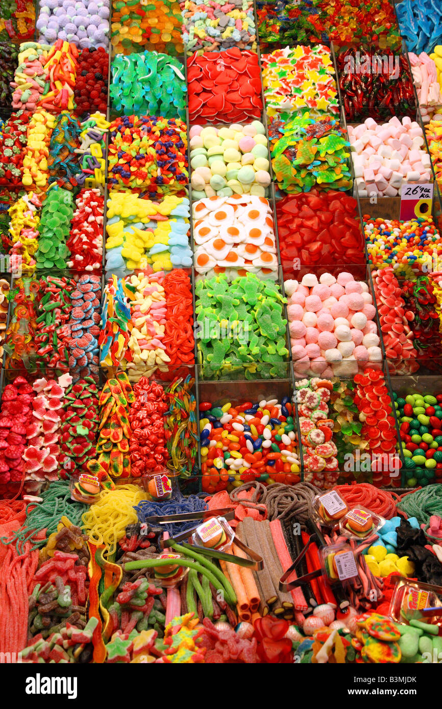 Beautifully displayed sweets, candies and jellies at the La Boquería