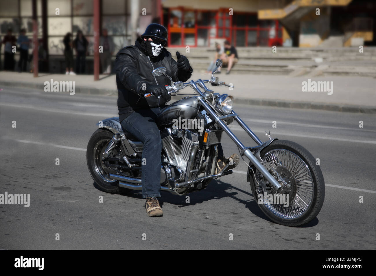 Biker giving the Thumbs Up! Stock Photo