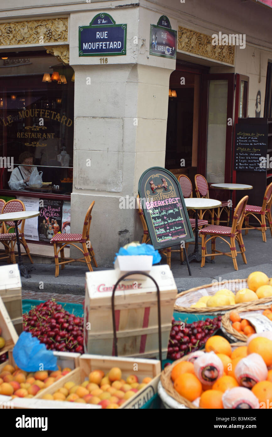 France Paris Fruit stall and cafe located in rue Mouffetard in Paris Stock Photo