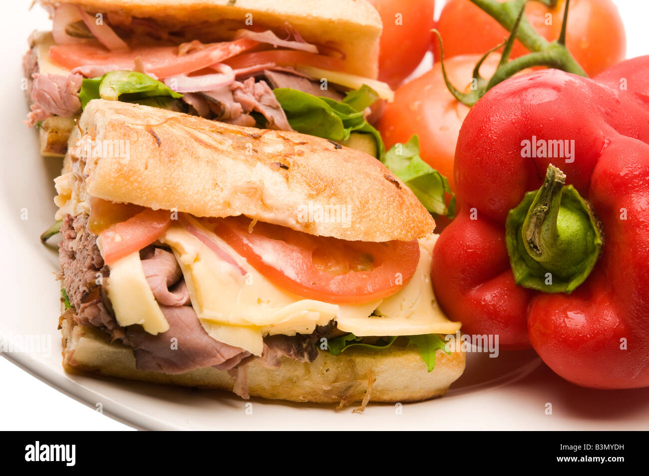 gourmet roast beef sandwich havarti cheese lettuce tomato red onion