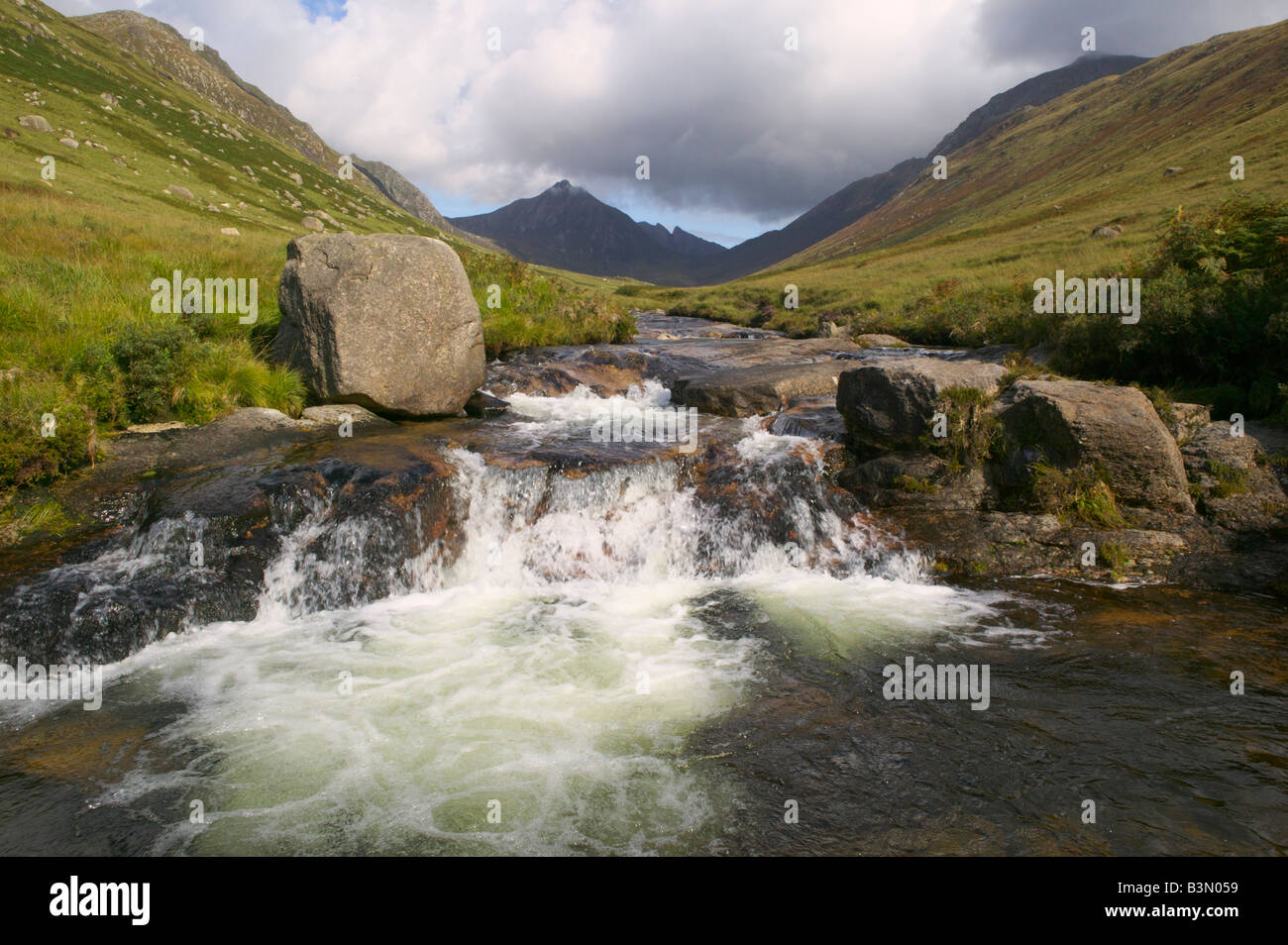 The Glenrosa Water in Glen Rosa, Isle of Arran, North Ayrshire, Scotland, UK.  View towards Cir Mhor. Stock Photo