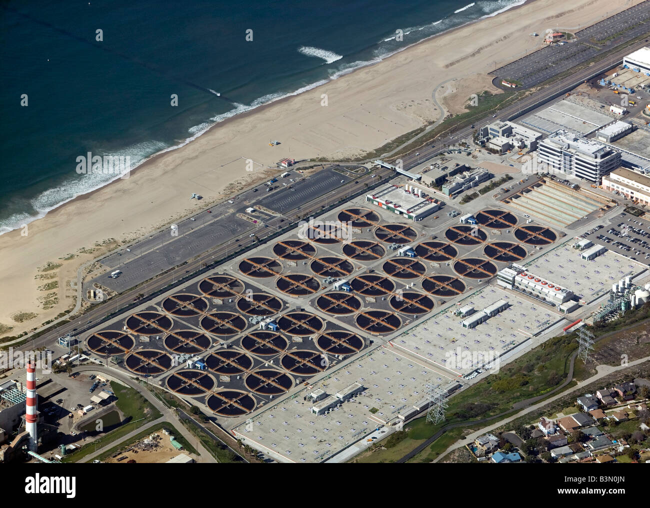 aerial view above large Hyperion waste water treatment plant Pacific Ocean Los Angeles California Stock Photo