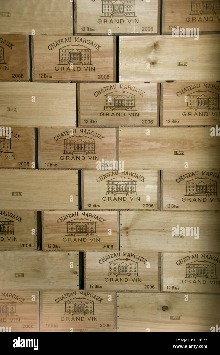 France, Bordeaux, Medoc, Crates of wine at prestigious Chateau Margaux Stock Photo