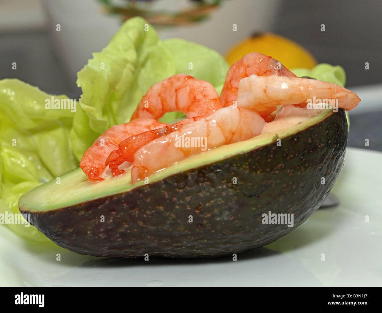 Avocado mit Garnelen / avocado with shrimps Stock Photo