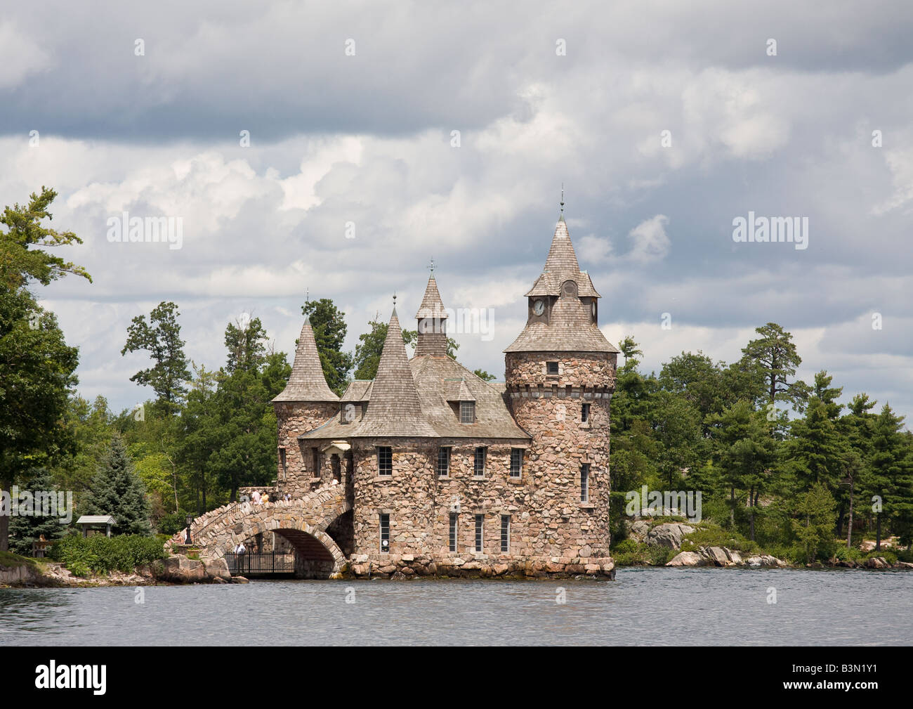 Boldt Castle Power House and Clock Tower from the water. Built and fully restored as a medieval tower with a clock tower. Stock Photo