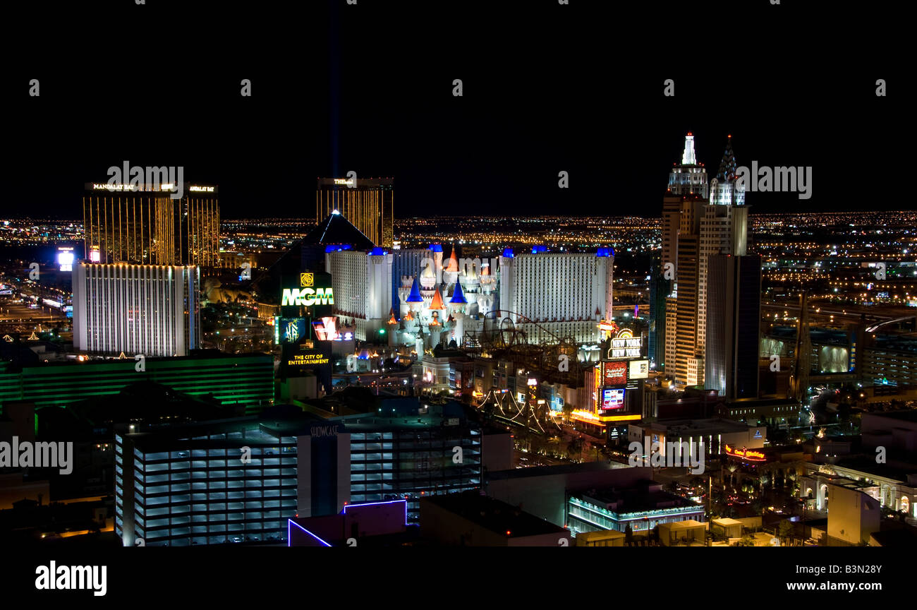 aerial nighttime view of las vegas strip nevada with several casinos visible Stock Photo