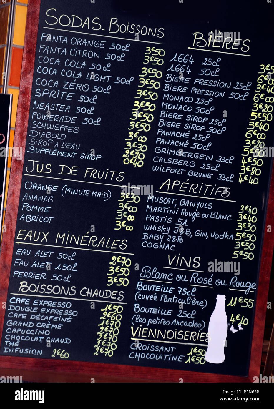 FRENCH DRINKS MENU BOARD Stock Photo