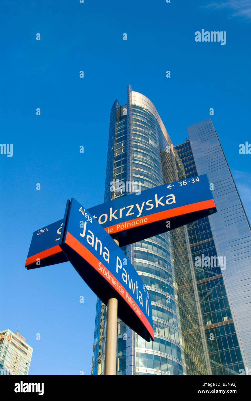 Modern Office Block Road Signs Warsaw Stock Photo
