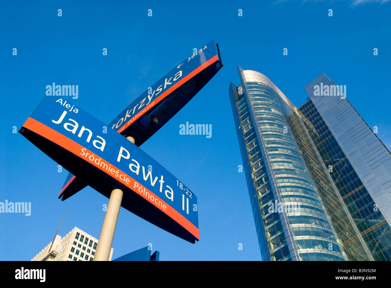 Modern Office Block Road Signs Warsaw Stock Photo