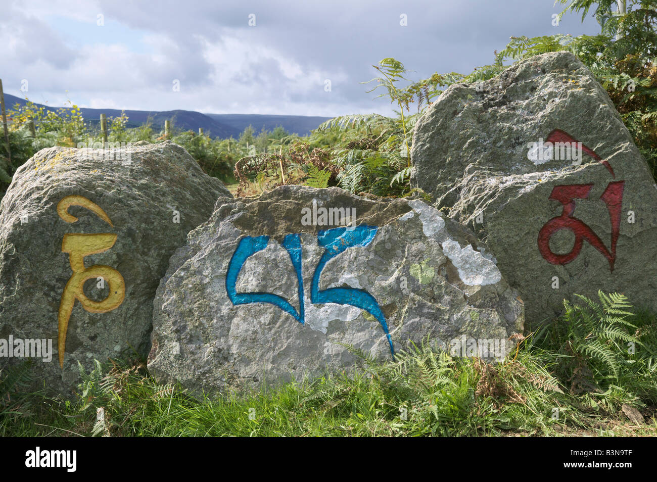 Part of the Buddhist mantra, Om Mani Padme Hum, written on stones, Holy Island, Isle of Arran, North Ayrshire, Scotland, UK. Stock Photo