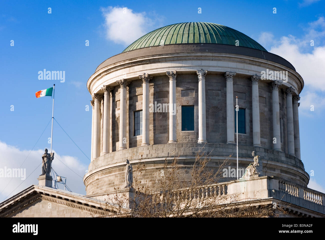 Close up detail showing stone statues, pillars and irish flag on the