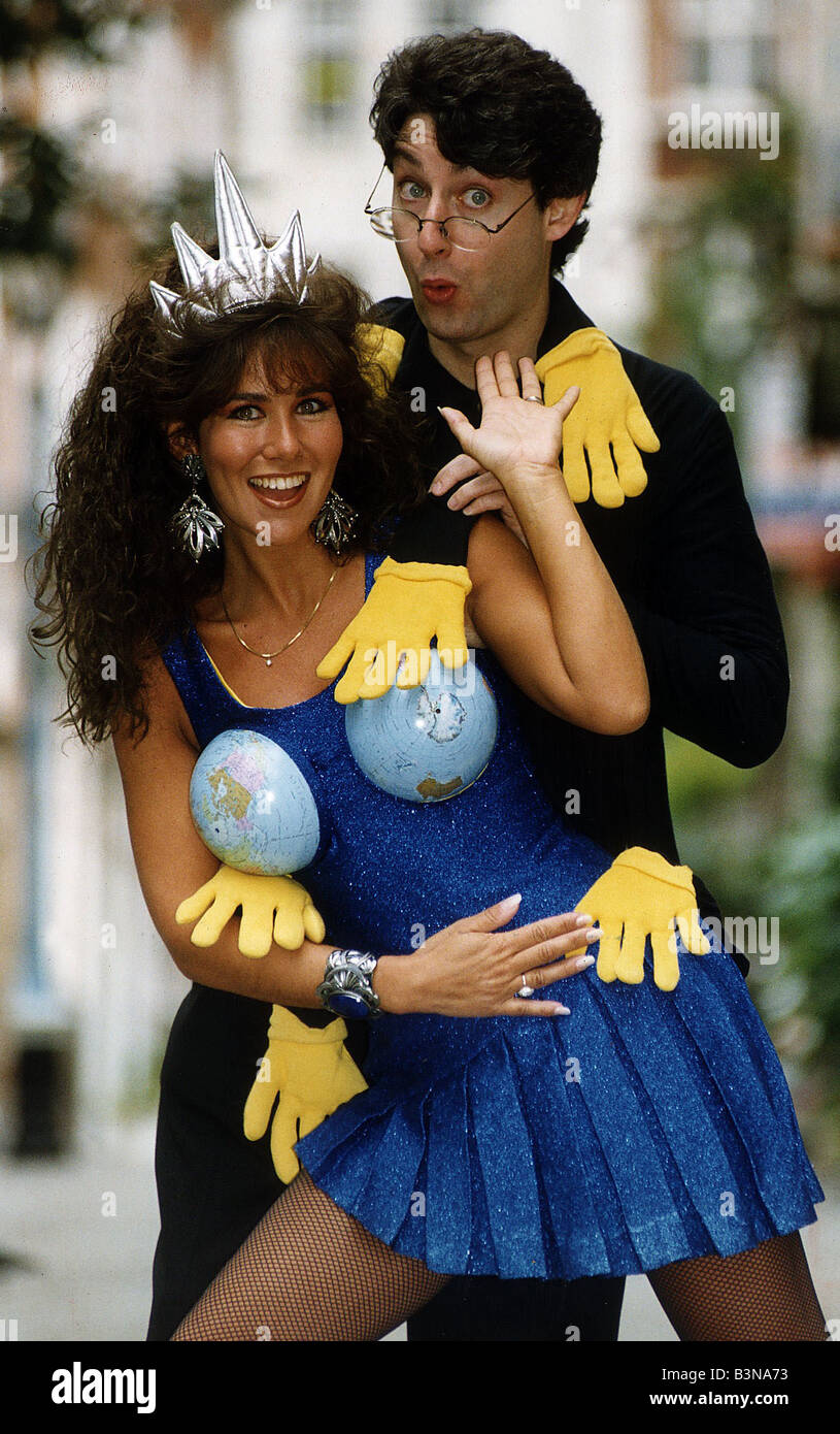 Linda Lusardi Model TV Presenter with co host Richard Brecker wearing the clothes of outrageous fashion designer Jimmy Jumble Stock Photo