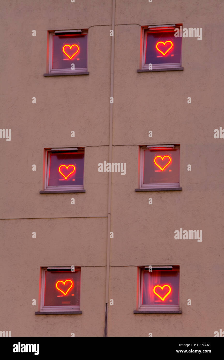 Germany, Frankfurt on the Main, Eros Center, windows, heartshaped neon lights Stock Photo