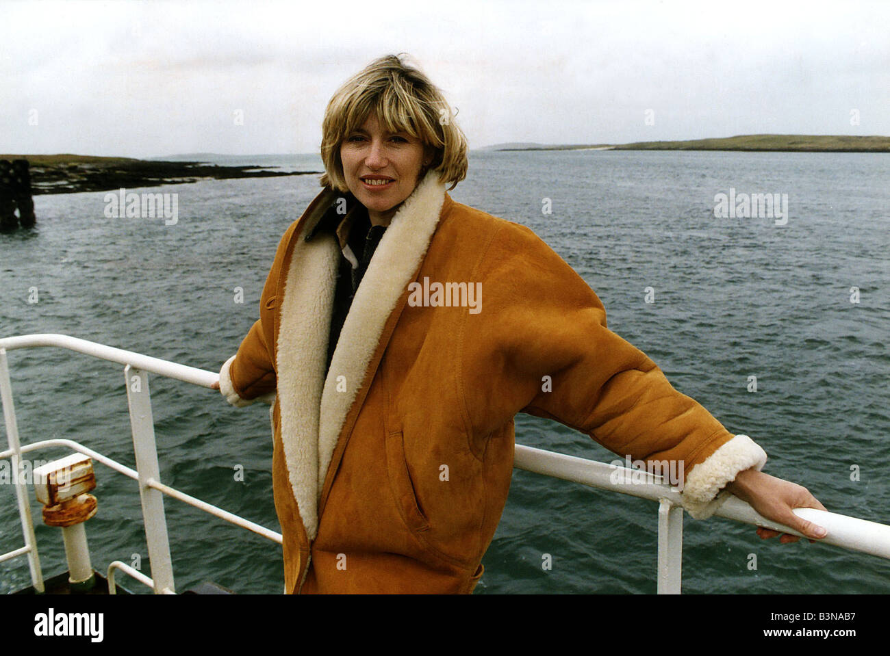 TV presenter Selina Scott heading for Berneray in Scotland Stock Photo