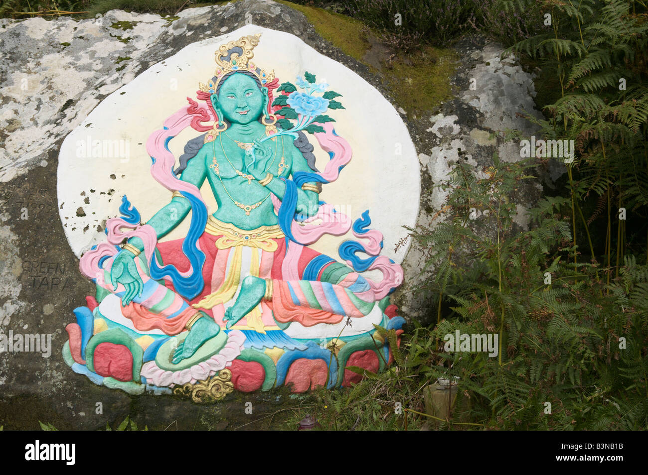 Tibetan Buddhist painting of Green Tara on the Holy Island, Isle of Arran, North Ayrshire, Scotland, UK. Stock Photo