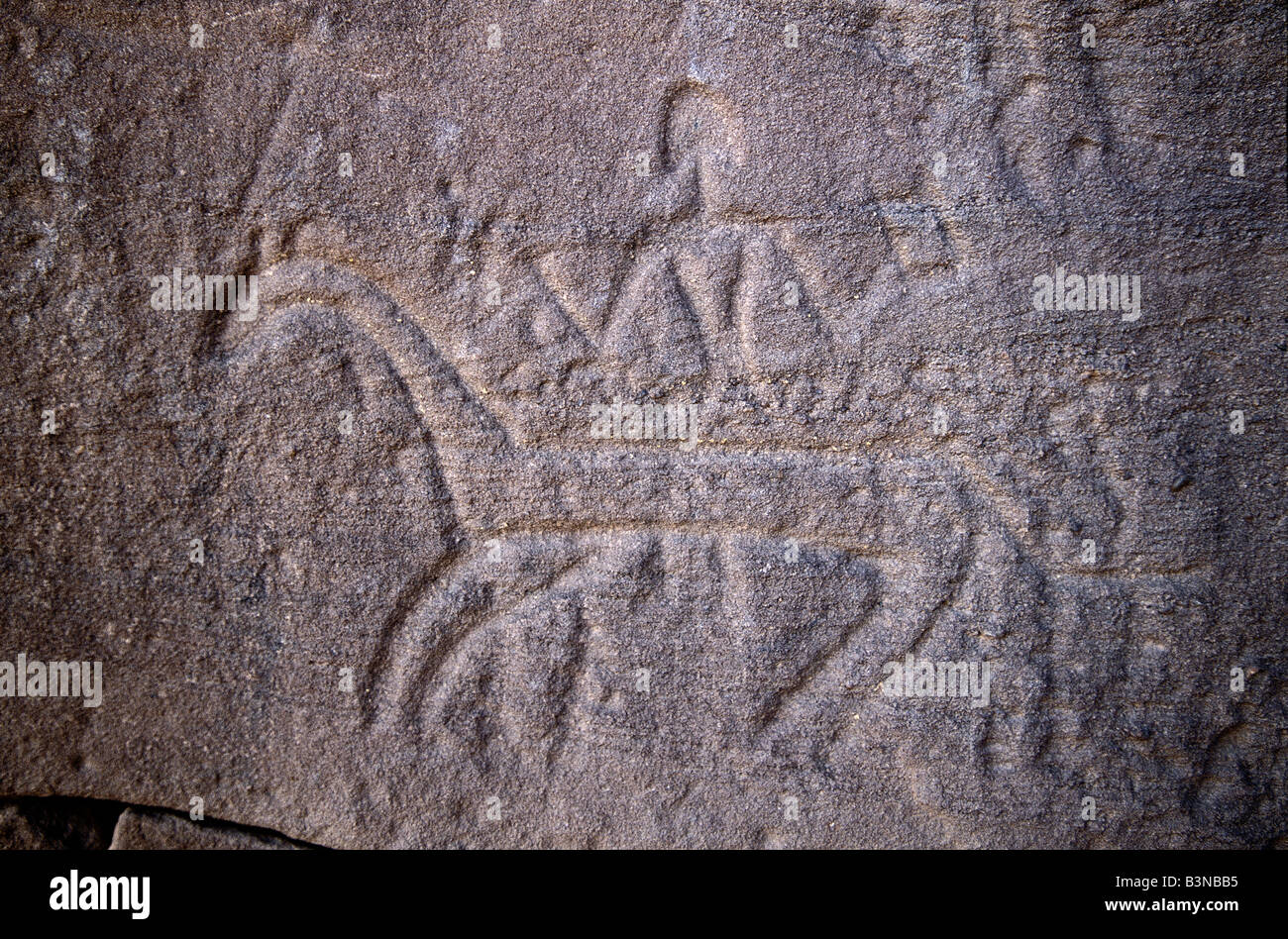 Rock carving depicts a man riding an animal at an under-hang in a mountain at Wadi Al Hayat, Fezzan, Libya. Stock Photo