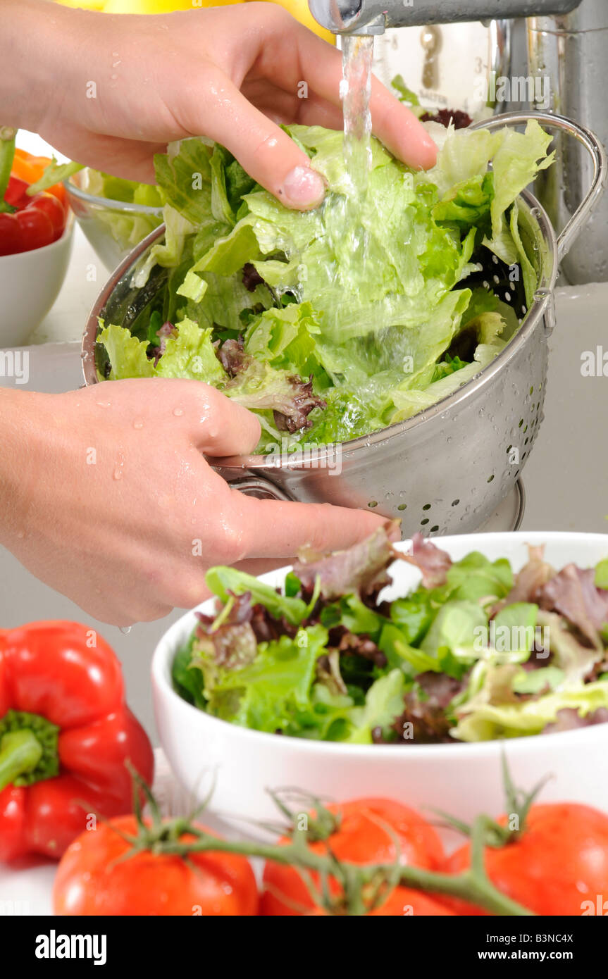 MAN WASHING SALAD GREENS IN COLLANDER AT KITCHEN SINK Stock Photo Alamy