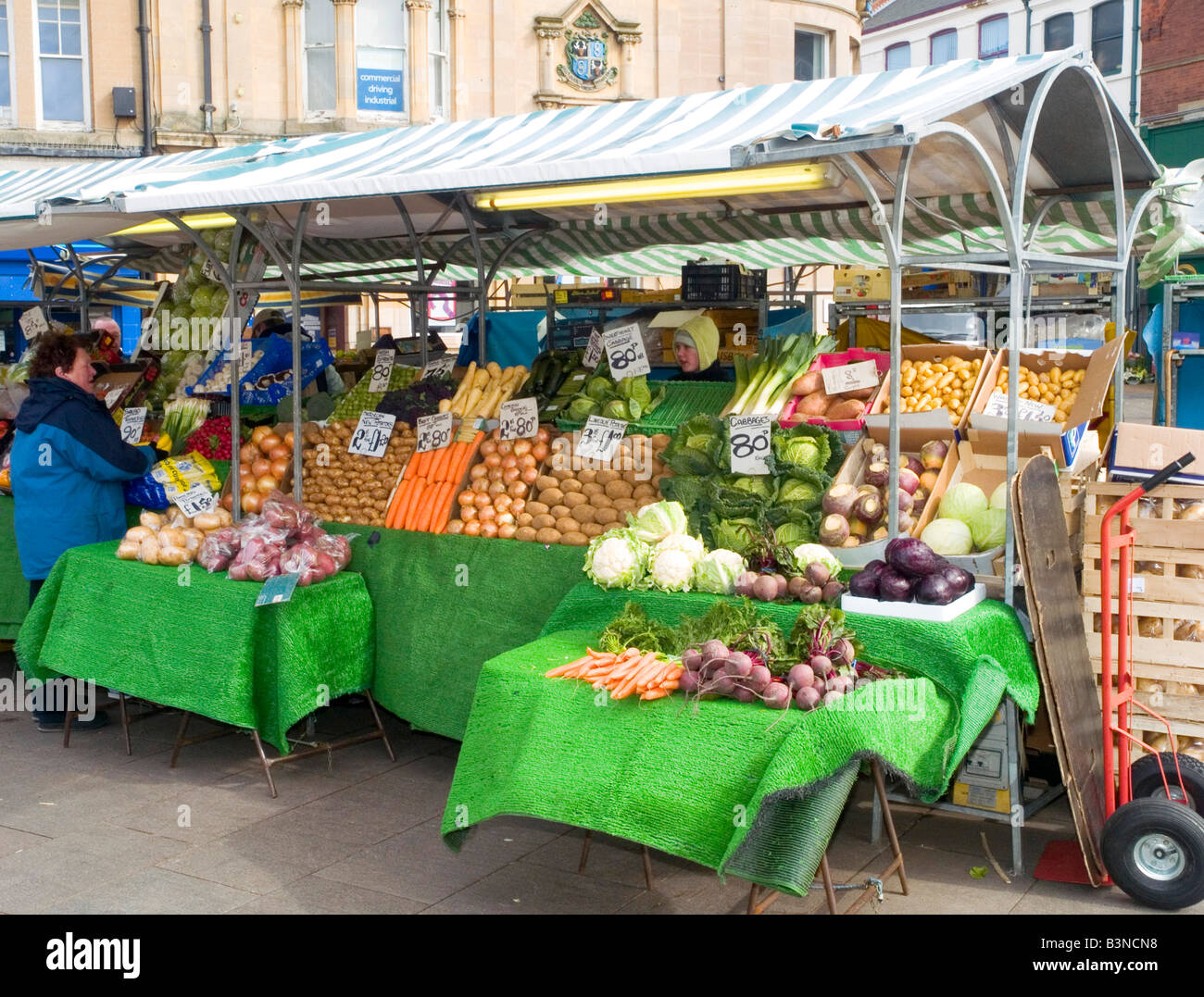 Close up of a fruit and vegetable stall in the Town Centre Market Place