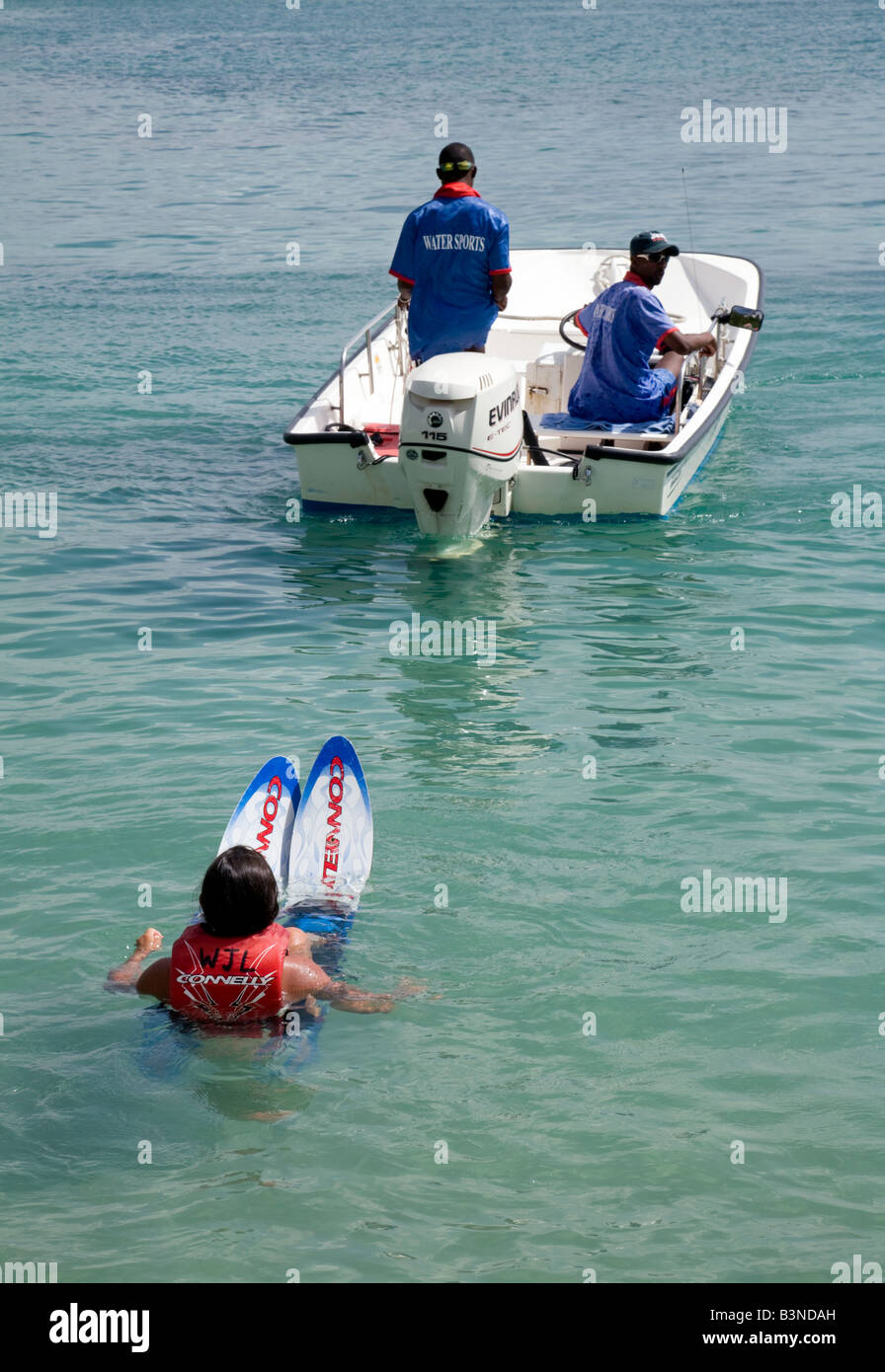 A teenage girl prepares to waterski, Windjammer Landing, St Lucia, 'West Indies' Stock Photo